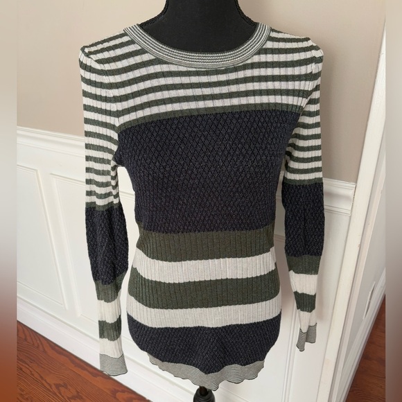 Sandro Paris Knit green/ blue stripe long sleeve fitted top - Picture 1 of 11